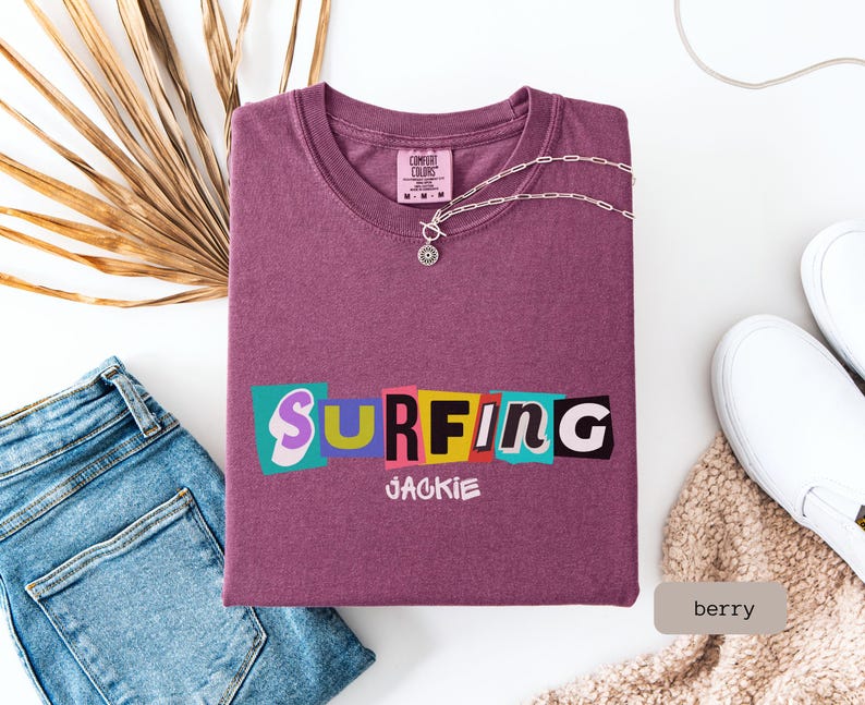 retro surfing shirt that is personalized. This Surfing Shirt is a great gift for couple or surfer gift women, perfect for a surfing group tshirt.