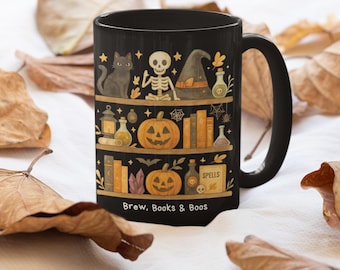 Black Halloween Bookish Mug, Spooky Bookshelf Coffee Cup, Book Lover Gift, Cute Ghost Mug, Teacher Appreciation Mug, Fall Reading Cup