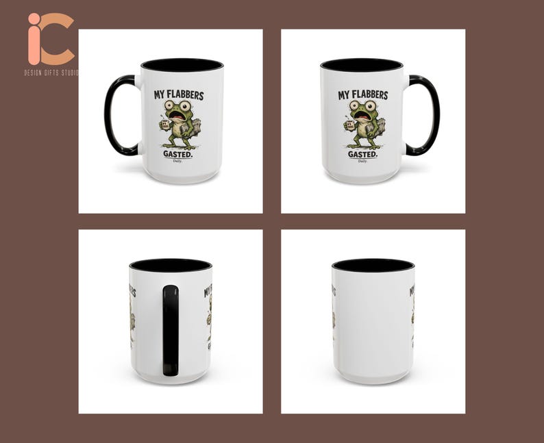 K&ouml;nnte beinhalten: Wei&szlig;er Keramikbecher mit schwarzem Innenraum und Henkel. Der Becher zeigt den Text "MY FLABBERS" &uuml;ber einem Cartoon-Frosch, der eine Kaffeetasse h&auml;lt, mit dem Wort "GASTED" darunter. Fassungsverm&ouml;gen: 440 ml.