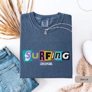 retro surfing shirt that is personalized. This Surfing Shirt is a great gift for couple or surfer gift women, perfect for a surfing group tshirt.