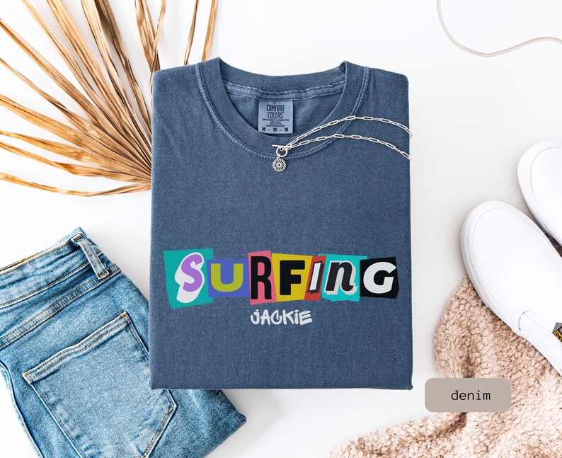 retro surfing shirt that is personalized. This Surfing Shirt is a great gift for couple or surfer gift women, perfect for a surfing group tshirt.