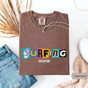 retro surfing shirt that is personalized. This Surfing Shirt is a great gift for couple or surfer gift women, perfect for a surfing group tshirt.