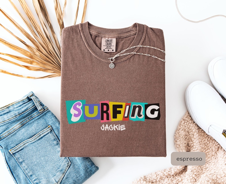 retro surfing shirt that is personalized. This Surfing Shirt is a great gift for couple or surfer gift women, perfect for a surfing group tshirt.