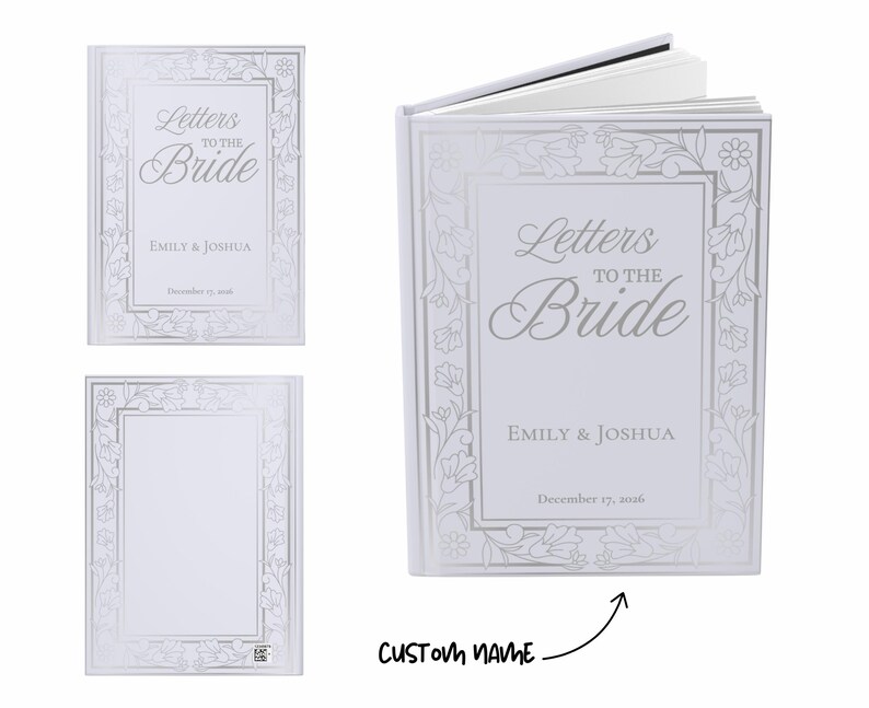 Personalized Letters to the Bride book featuring an elegant custom bride journal design with sophisticated typography. This beautiful bridal shower guest book serves as a sentimental bridal shower book, a precious wedding journal, and a unique bride's notebook.