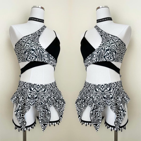 Trippy Pixie / Trippy asymmetrical top and trippy skirt set/ festival outfit / rave outfit / fairy skirt / pixie skirt