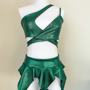 Green asymmetrical top and skirt set/ festival outfit/ rave outfit / fairy outfit / pixie skirt / fairy costume