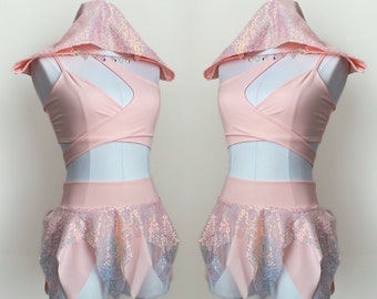 Pink asymmetrical top and pink sequin skirt set/ festival outfit / rave outfit / fairy outfit / pixie skirt