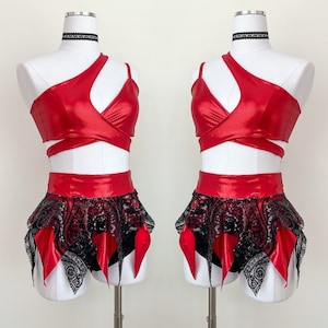 Red asymmetrical top and sequin skirt set/ festival outfit / rave outfit / fairy skirt / pixie skirt