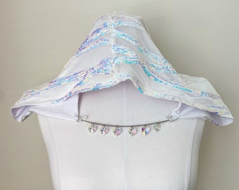 White sequin unisex rave hood/ festival outfit / hood