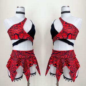 Red and Black Trippy Pixie / Trippy asymmetrical top and skirt set/ festival outfit / rave outfit / fairy skirt / pixie skirt