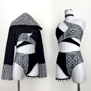 Black and white trippy hoodie shrug outfit /  festival outfit / rave outfit / costume