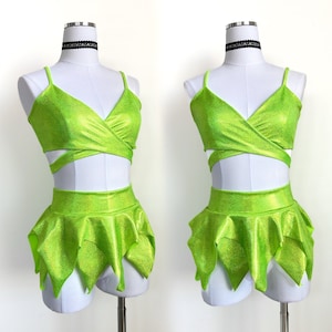 Green pixie costume / bright green top and skirt set/ festival outfit / rave outfit / fairy skirt / pixie skirt