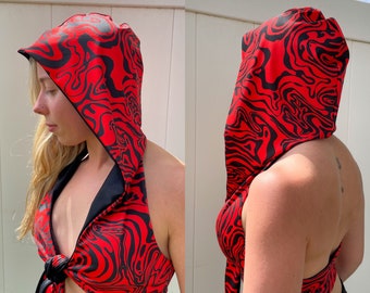 Trippy Red and Black hoodie top and bottom set/ festival outfit / rave outfit / hood / rave hood