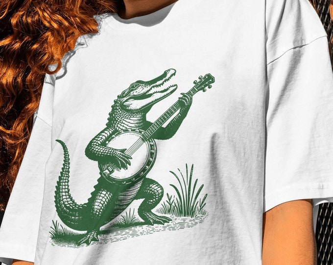Alligator Playing Banjo T-Shirt Unhinged Shirts That Go Hard Rat Boyfriend Tee Musician Bluegrass lover gift