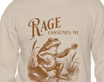 Felpa girocollo "Frog Rage Consumes Me", felpa divertente, regalo per amanti della musica scatenati, top casual, design unico a forma di rana.