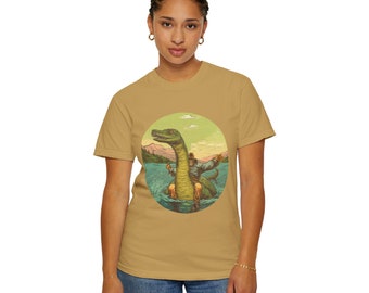 Bigfoot Riding Loch Ness Monster Shirt,Sasquatch Rodeo Graphic Cryptozoology Weird Yeti Country Western Cowboy Tee Nessie