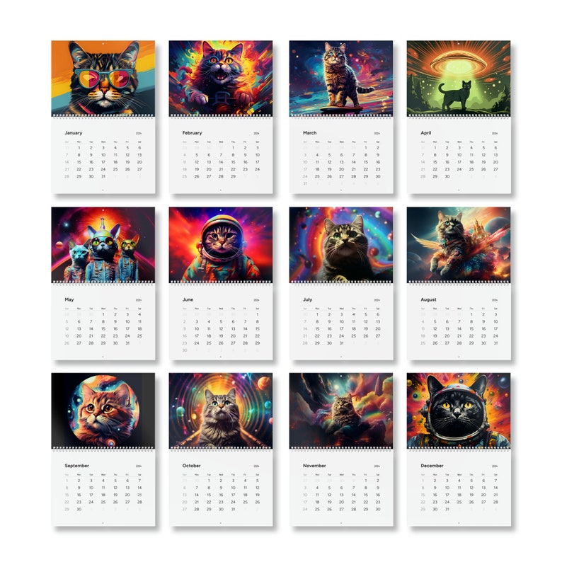 Cat Standard Wall Calendar 2024, Space Cat Trippy Psychedelic Calendar