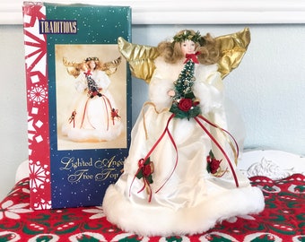 Vintage 1990s Traditions Lighted Angel Christmas Tree Topper, Christmas tree top, Tree Angel