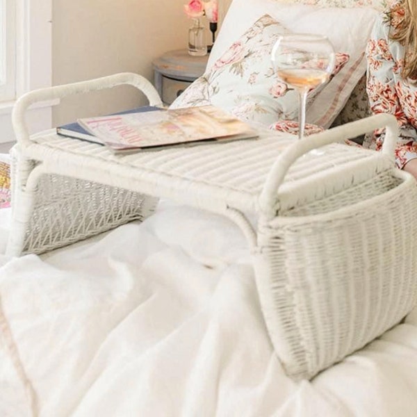 Vintage White / Off-White Wicker Rattan Breakfast Tray, Breakfast in Bed, 1970s 1980s, Cottagecore, Magazine Holder, Lap Desk