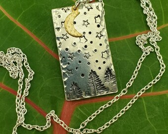 Mountain Starry Nights: Pine Trees under Stars and a Crescent Moon Necklace