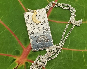 Starry Nights: A Solitary Oak stands under a Star-filled Sky and Crescent Moon Necklace