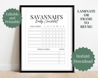 Printable Chore Chart, Chore Chart, Chore Chart for Kids, Reward Chart, Chore Chart Template, Editable Checklist, Responsibility Chart, Kids
