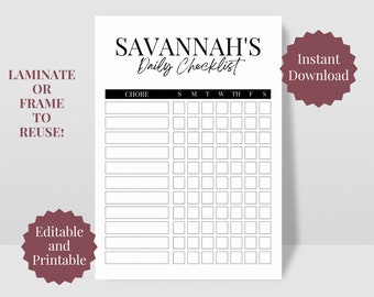 Printable Chore Chart, Chore Chart, Chore Chart for Kids, Reward Chart, Chore Chart Template, Editable Checklist, Responsibility Chart, Kids