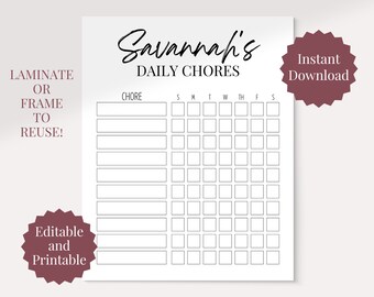 Printable Chore Chart, Chore Chart, Chore Chart for Kids, Reward Chart, Chore Chart Template, Editable Checklist, Responsibility Chart, Kids