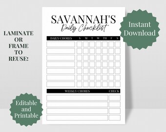 Printable Chore Chart, Chore Chart, Chore Chart for Kids, Reward Chart, Chore Chart Template, Editable Checklist, Responsibility Chart, Kids