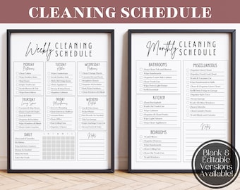 May include: A printable cleaning schedule checklist with a black and white design. The checklist is divided into weekly and monthly sections. The weekly section includes daily, Monday, Tuesday, Wednesday, Thursday, Friday, and Weekend tasks. The monthly section includes bathrooms, kitchen, bedrooms, and miscellaneous tasks. The checklist includes notes sections for each category.
