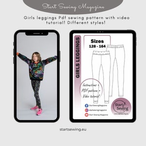 May include: A digital illustration of a girls' leggings sewing pattern with instructions, a PDF pattern, and a video tutorial. The pattern is available in sizes 128-164. The image also includes a photo of a girl wearing leggings.