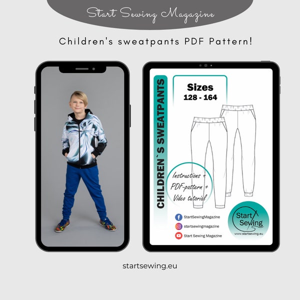 Childrens sweatpants sewing PDF pattern with instructions! Eng, Ger, Est!