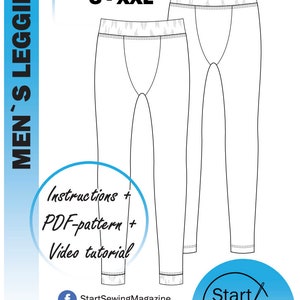 May include: A black and white line drawing of a pair of leggings with a waistband. The image includes the text "Men's Leggings", "Sizes S-XXL", "Instructions + PDF-pattern + Video tutorial", "Start Sewing", and "www.startsewing.eu".
