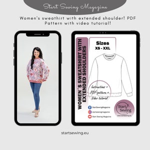 May include: A digital illustration of a white sweatshirt with extended shoulders. The illustration is on a white background with text that reads "Women's Sweatshirt with Extended Shoulders" and "Sizes XS-XXL". The text also includes "Instructions + PDF-pattern + Video tutorial" and "Start Sewing Magazine" with social media icons.