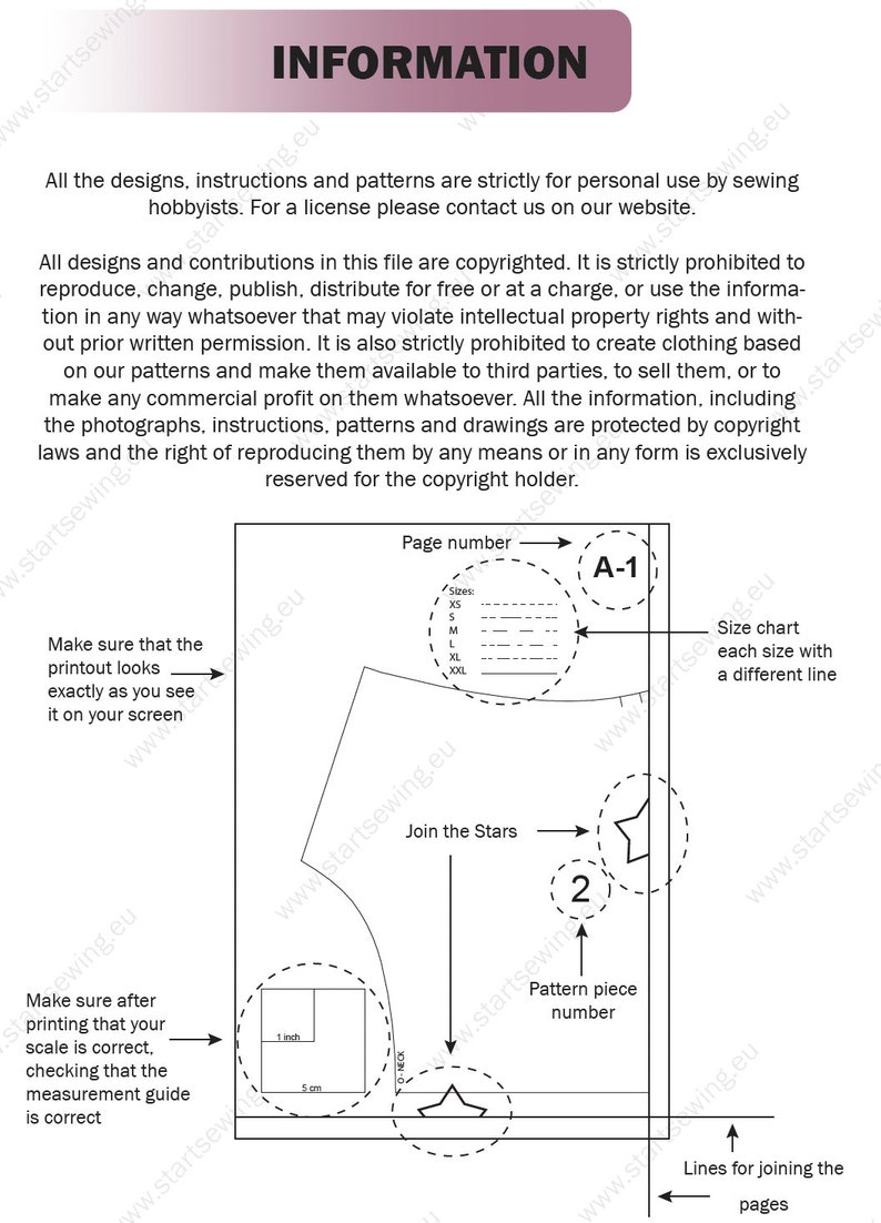 May include: A black and white sewing pattern with instructions for joining the stars. The pattern includes a size chart with different lines for each size, a measurement guide with a 1-inch square and a 5-cm square, and a pattern piece number 2.