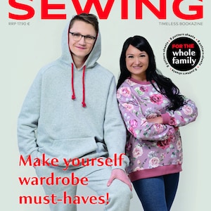 May include: A magazine cover for "Start Sewing" featuring a young man and woman wearing grey and floral print sweatshirts. The magazine cover text reads "Wardrobe Basics 2022" and "Make yourself wardrobe must-haves!" with the tagline "For the whole family".