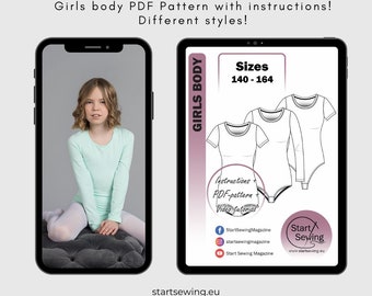 Girls's bodysuit PDF sewing pattern 140-164 with instructions (Eng, Ger, Est)