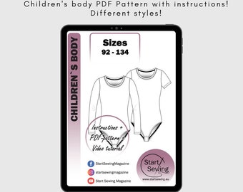 Children's bodysuit PDF sewing pattern 92-134 with instructions (Eng, Ger, Est)