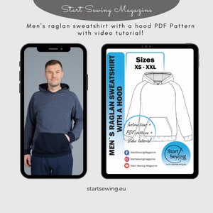 Men&#39;s raglan sweatshirt with a hood PDF sewing pattern XS-XXL with video tutorial