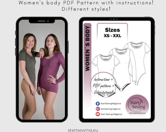 Women's bodysuit PDF sewing pattern XS-XXL with instructions (Eng, Ger, Est)