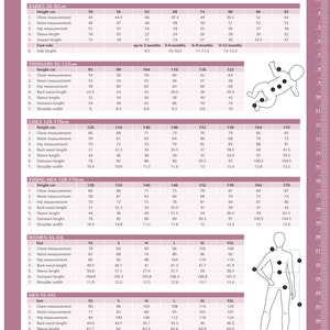 May include: A chart with body measurements for babies, toddlers, girls, young men, women, and men. The chart includes measurements for height, chest, waist, hip, back waist length, sleeve length, outseam length, and shoulder width. The chart is in centimeters.