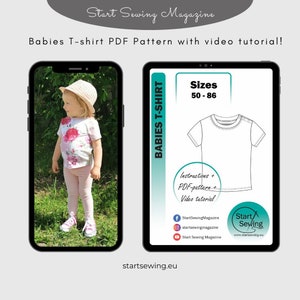 May include: A digital illustration of a baby t-shirt pattern with instructions and a video tutorial. The pattern is for sizes 50-86. The image also shows a young girl wearing a floral t-shirt and pink leggings.