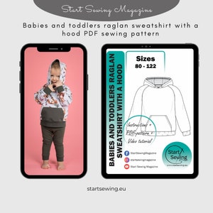 Babies and toddlers raglan sweatshirt with a hood PDF sewing pattern 80-122 with instructions