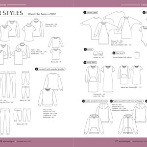 May include: A black and white line drawing illustration of various clothing patterns for different sizes, including women's, men's, children's, and babies. The patterns include shirts, dresses, leggings, sweatshirts, and bodysuits. The text "All Our Styles" and "Wardrobe Basics 2022" is included in the image.