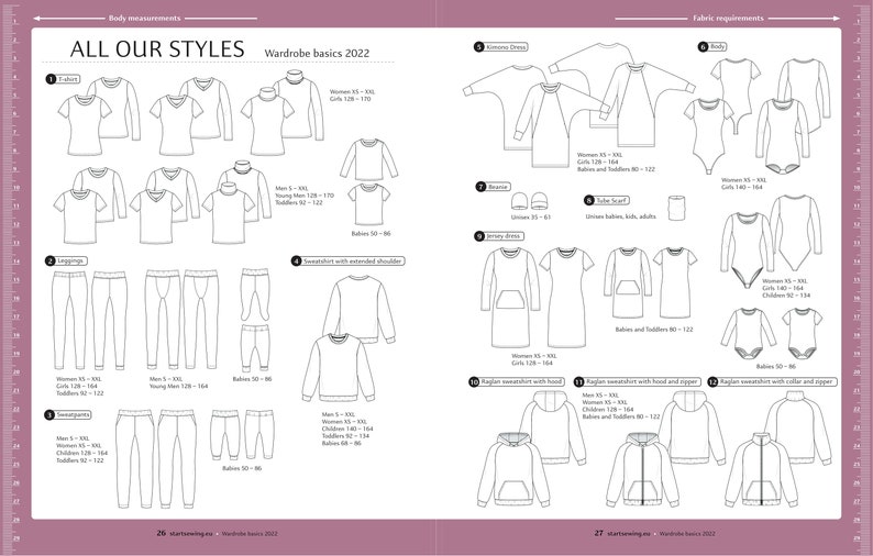 May include: A black and white line drawing illustration of various clothing patterns for different sizes, including women's, men's, children's, and babies. The patterns include shirts, dresses, leggings, sweatshirts, and bodysuits. The text "All Our Styles" and "Wardrobe Basics 2022" is included in the image.