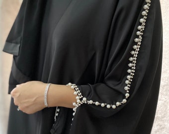 Elegant 3 Piece Abaya, Pearl Diamante Abaya, Open Abaya, Eid Dress, Dubai Abaya, Abaya Dress, Luxury Abaya, Pearl Abaya, Satin Abaya, Pink