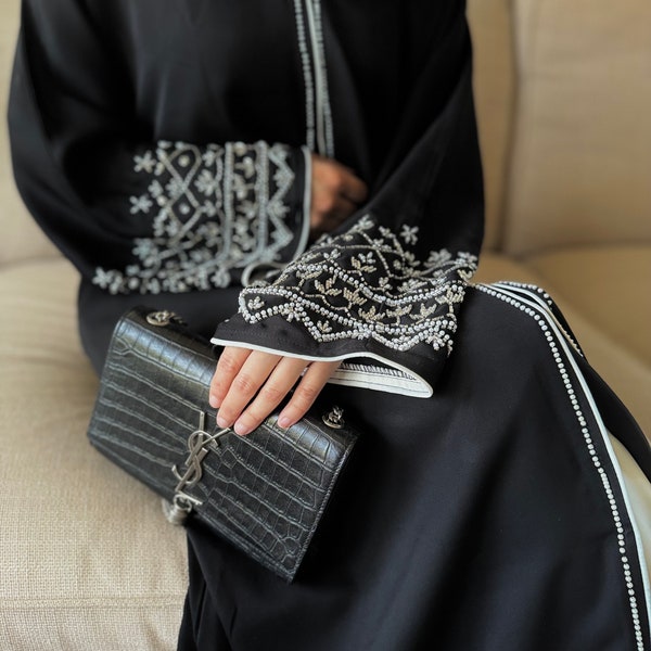 Abaya noire de luxe, abaya de fête, lin, abaya chauve-souris, abaya kimono, dubaï, kimono, abaya traditionnelle, robe longue, robe longue pour femme, noir