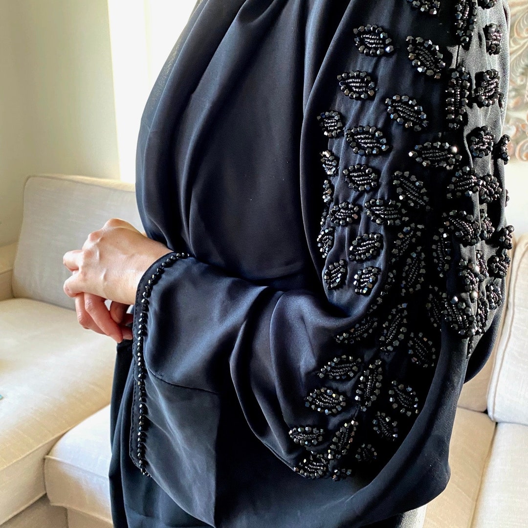 Amani's Black Chiffon Layered Embellished Open Abaya - Elegant