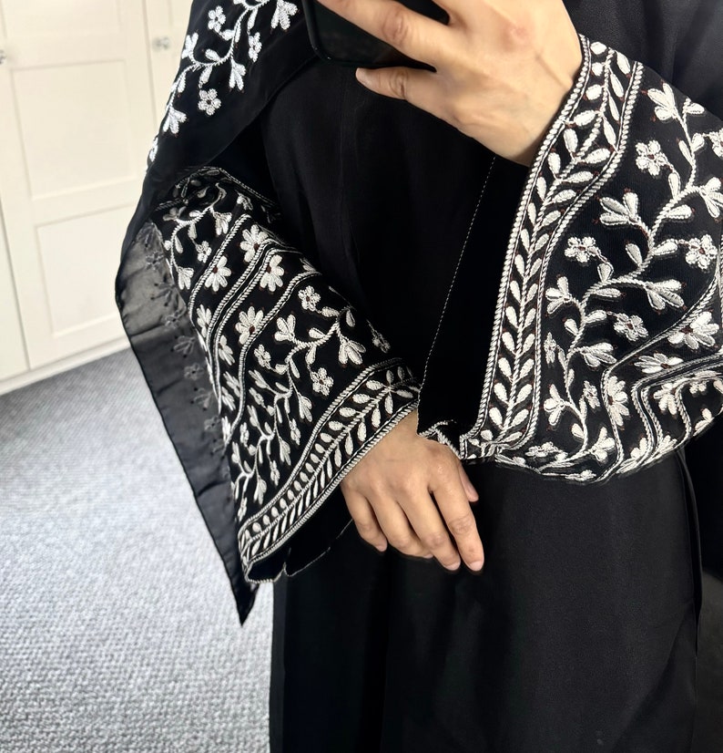 Flower Sleeve Embroidered Linen Abaya, Open Abaya, Linen Abaya, Kimono, Kaftan, Dubai Abaya, Modest Wear image 6