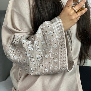 Flower Sleeve Embroidered Linen Abaya, Open Abaya, Linen Abaya, Kimono, Kaftan, Dubai Abaya, Modest Wear image 1
